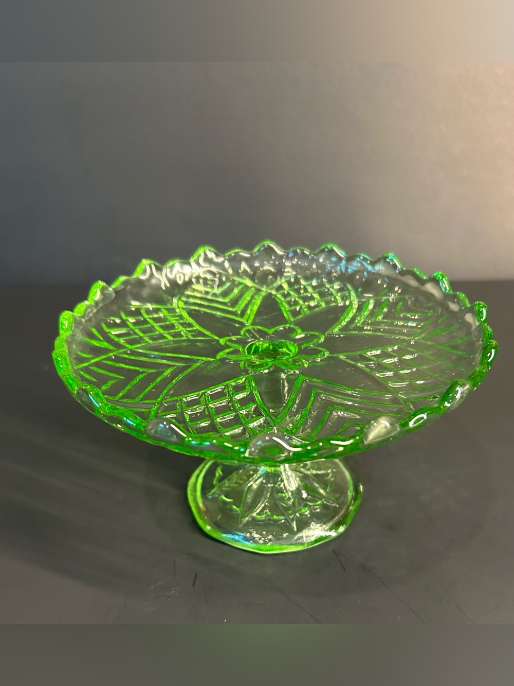 Green Glass Pedestal Compote Stand - Unknown Brand